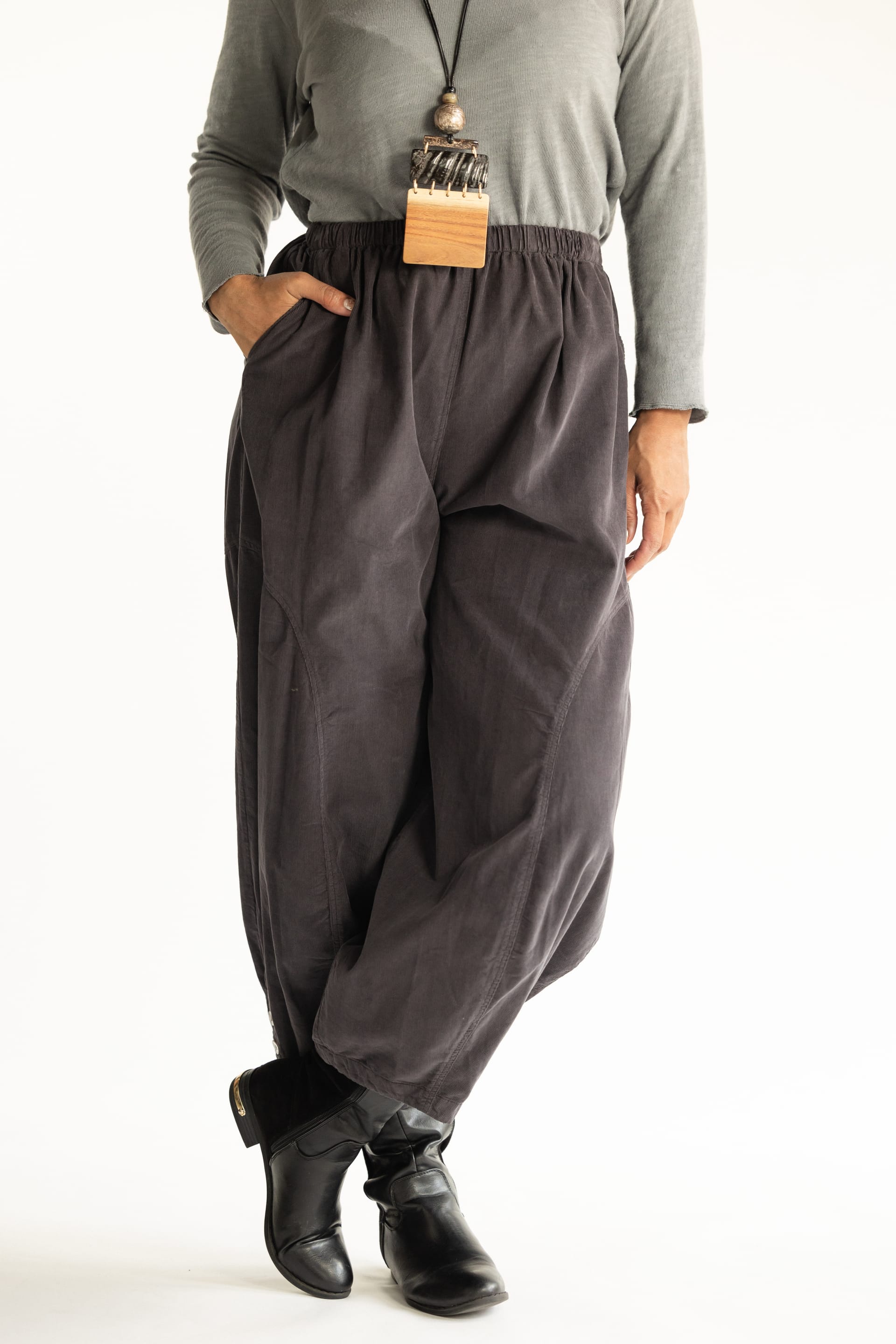 Model wearing grey corduroy harem pants